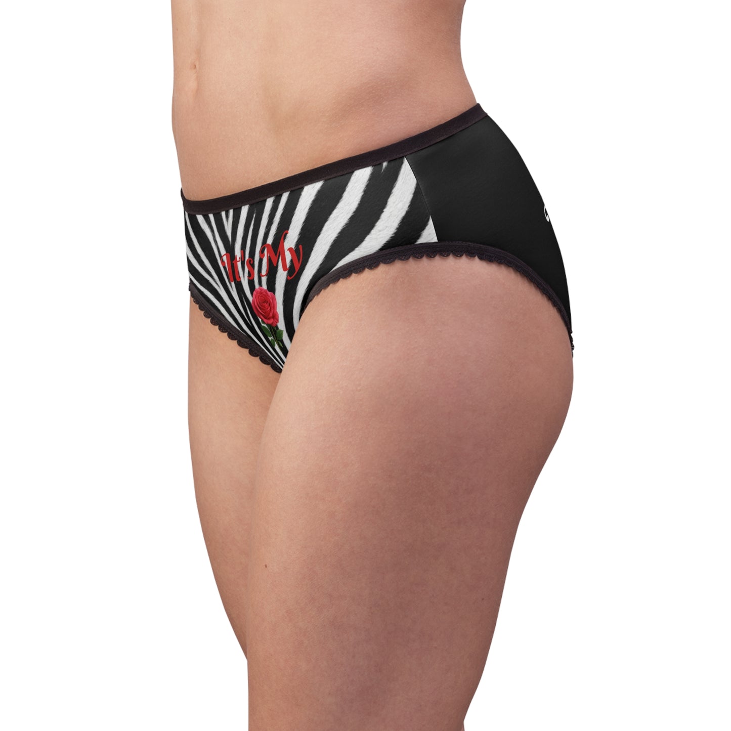 Women's Zebra Black Briefs — "It's My Beauty Time" Rose Print, Women's Underwear, Graphic Panties