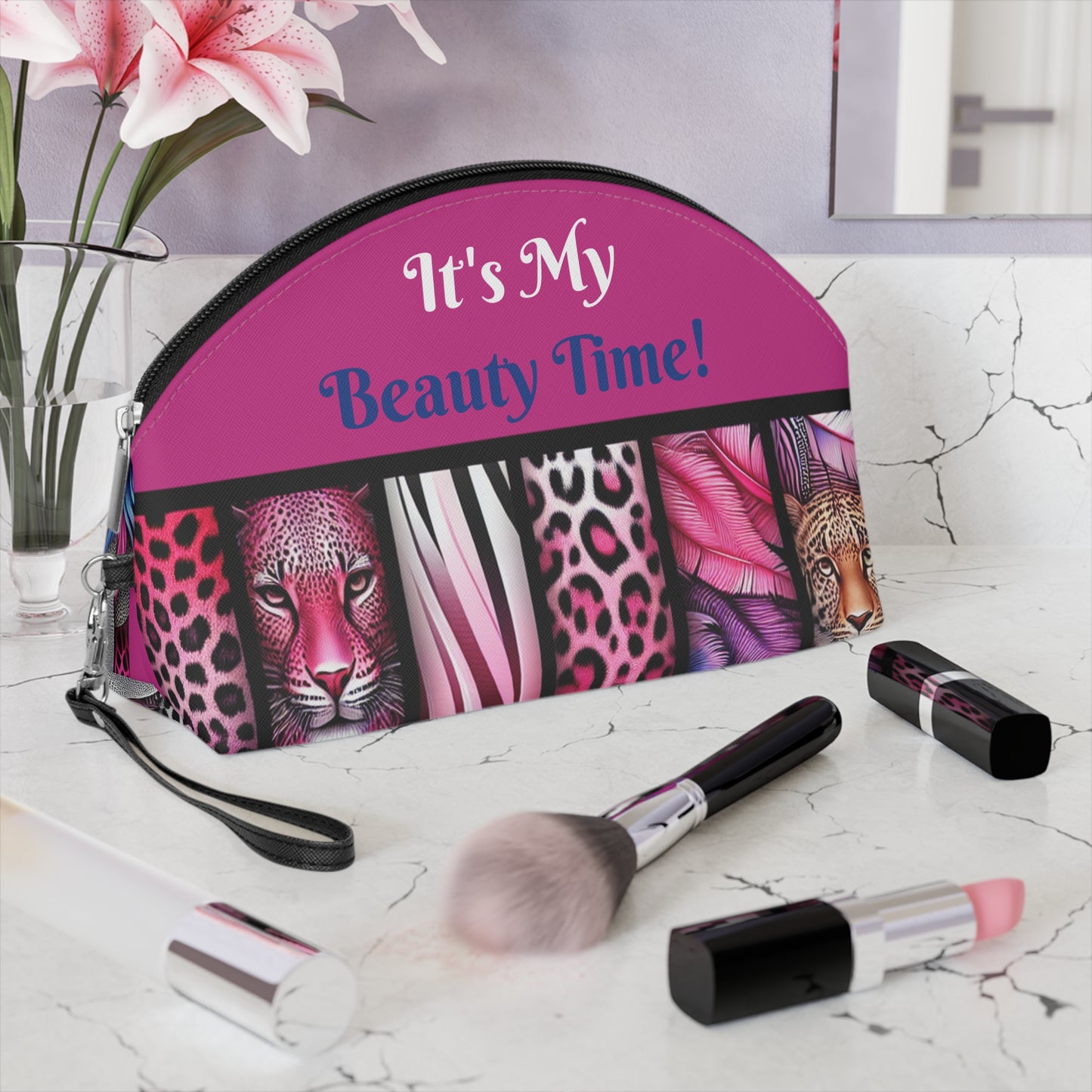 Botanical Animals Pink Makeup Bag - Small Cosmetics Bag, Cheetah Zebra Leopard Case, Safari Animal Lover Gift, Toiletry Bag,
