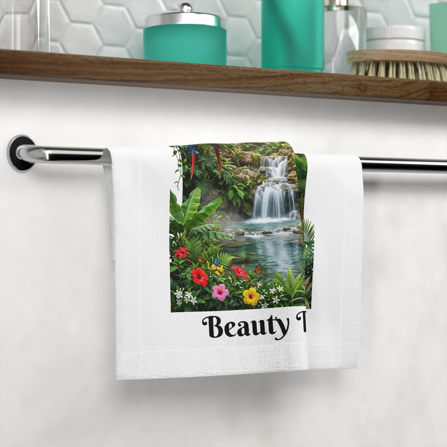 Face Towel — "It's My Beauty Time!" Tropical Waterfall Vanity Towel, Salon Spa Towel, Gift Towel