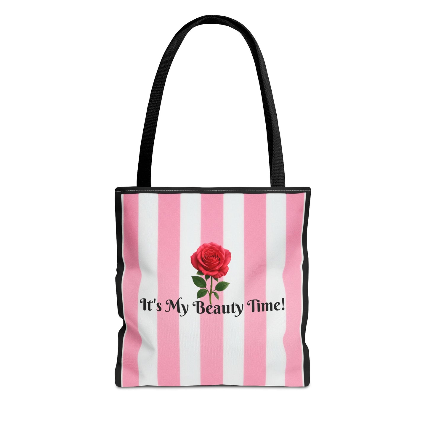 Tote Bag — "It's My Beauty Time!" Pink Striped Red Rose Carryall, Chic Shoulder Purse, Fun Vibrant Handbag