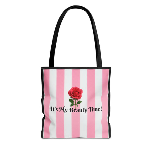 Tote Bag — "It's My Beauty Time!" Pink Striped Red Rose Carryall, Chic Shoulder Purse, Fun Vibrant Handbag