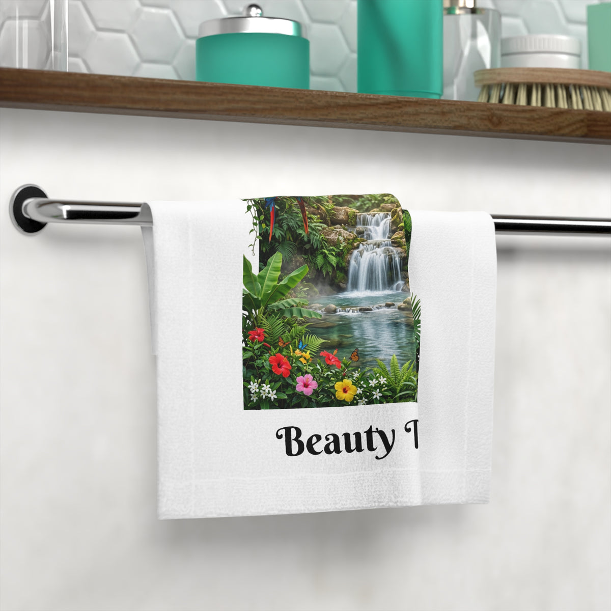 Face Towel — "It's My Beauty Time!" Tropical Waterfall Vanity Towel, Salon Spa Towel, Gift Towel