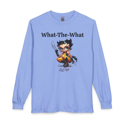 Long Sleeve T‑Shirt — “What-The-What” Cute Wolverine Cartoon Graphic, Funny Betty Boop Top, Unisex T-shirt