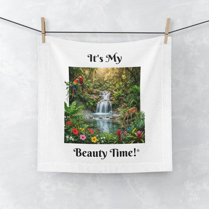Face Towel — "It's My Beauty Time!" Tropical Waterfall Vanity Towel, Salon Spa Towel, Gift Towel