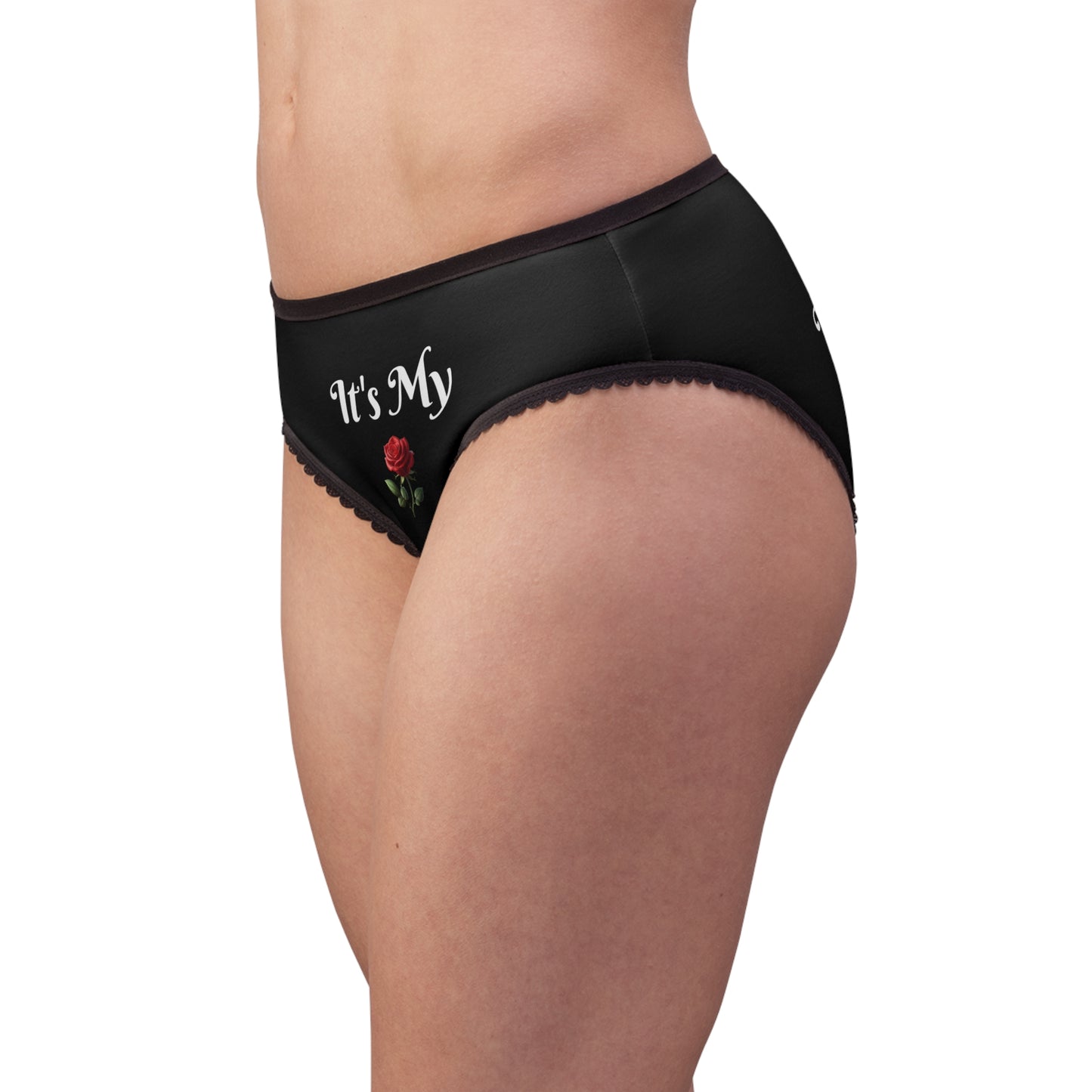 Women's Black Briefs — "It's My Beauty Time" Rose Print, Women's Underwear, Black Panties