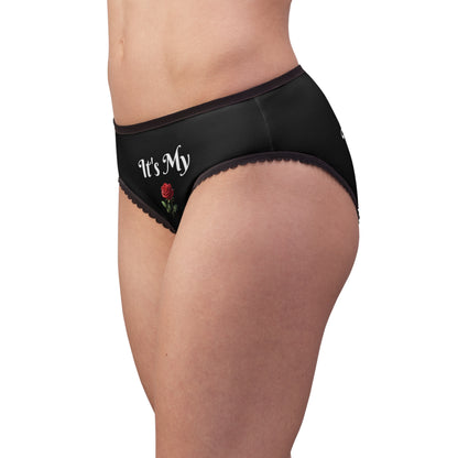 Women's Black Briefs — "It's My Beauty Time" Rose Print, Women's Underwear, Black Panties