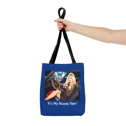 Vintage Glam Blue Tote Bag — "It's My Beauty Time!", Chic Carryall, Beauty Lover Purse, Everyday Shoulder Bag