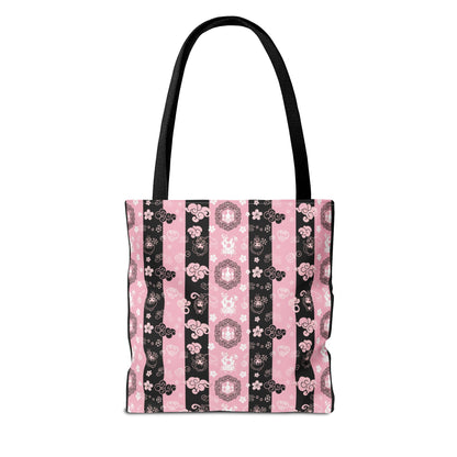 Tote Bag — "It's My Beauty Time!" Pink Striped Red Rose Carryall, Chic Shoulder Purse, Fun Vibrant Handbag