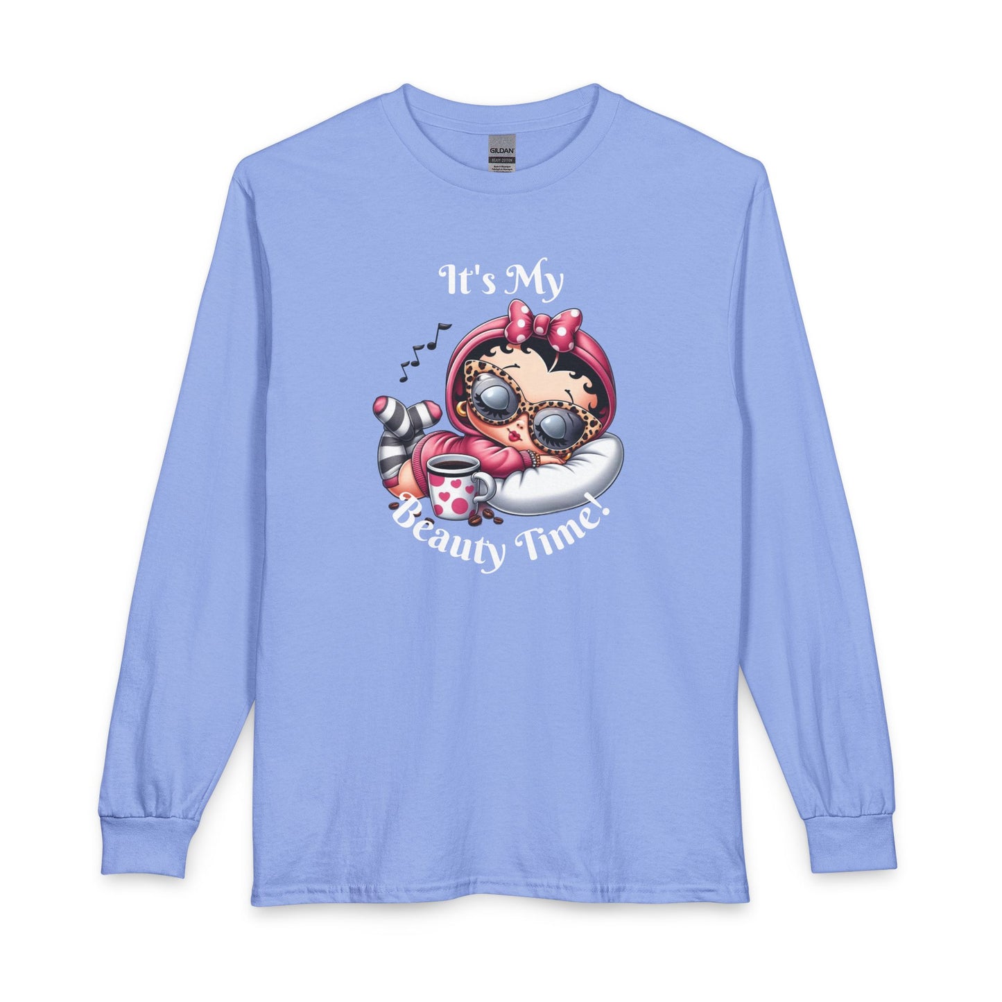 Long Sleeve Tee — “It’s My Beauty Time!” Relaxing Betty Boop Spa Graphic, Coffee Lover, Music Lover
