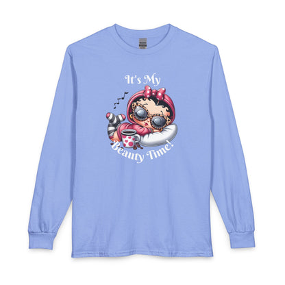 Long Sleeve Tee — “It’s My Beauty Time!” Relaxing Betty Boop Spa Graphic, Coffee Lover, Music Lover