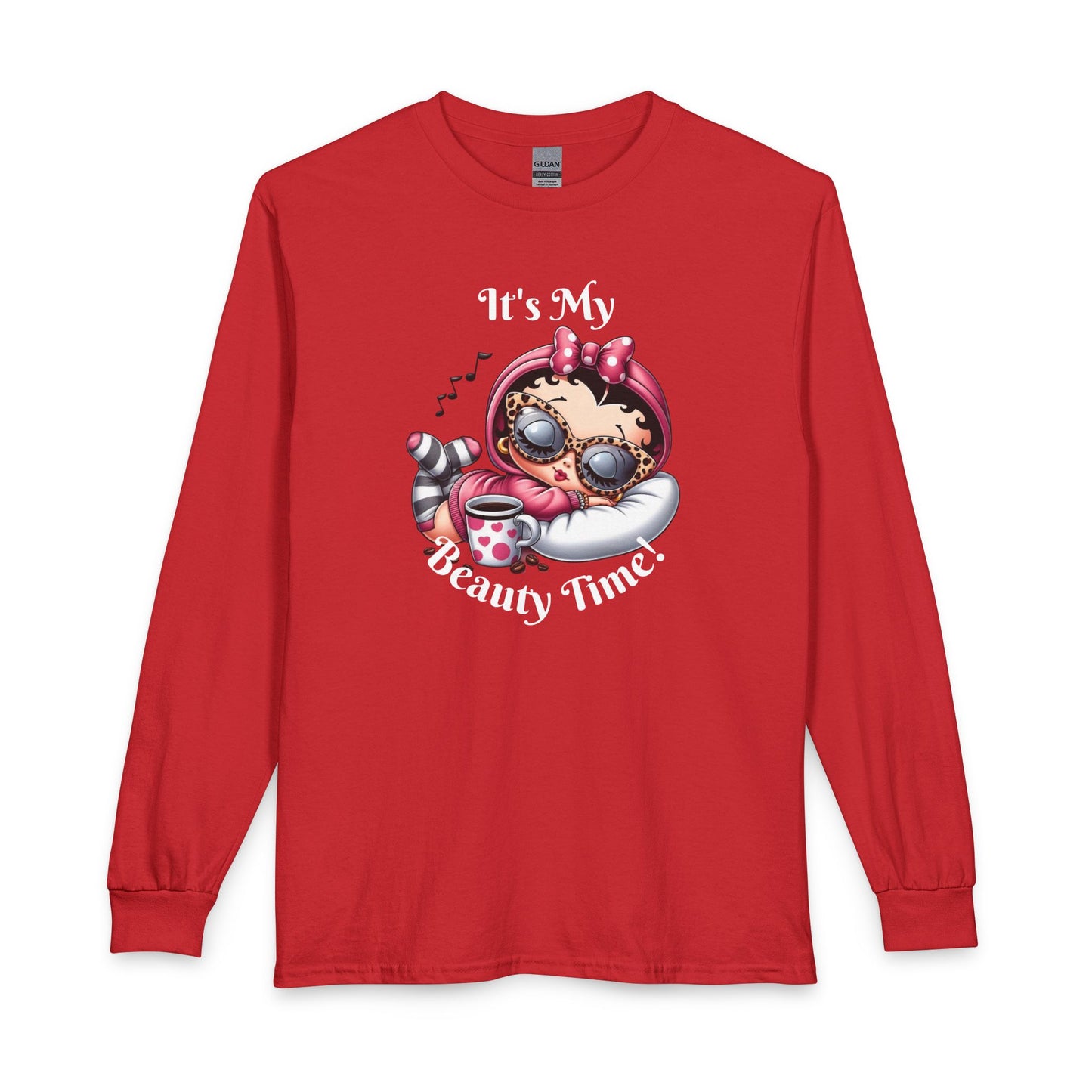 Long Sleeve Tee — “It’s My Beauty Time!” Relaxing Betty Boop Spa Graphic, Coffee Lover, Music Lover