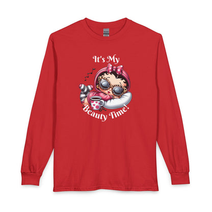 Long Sleeve Tee — “It’s My Beauty Time!” Relaxing Betty Boop Spa Graphic, Coffee Lover, Music Lover