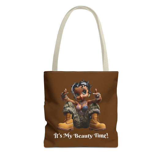 Patriotic Betty Boop Brown Tote Bag - USA Military Appreciation - Unique Shoulder Handbag for Shopping, Travel, Work - Stylish Carryall, Fun Cartoon Design