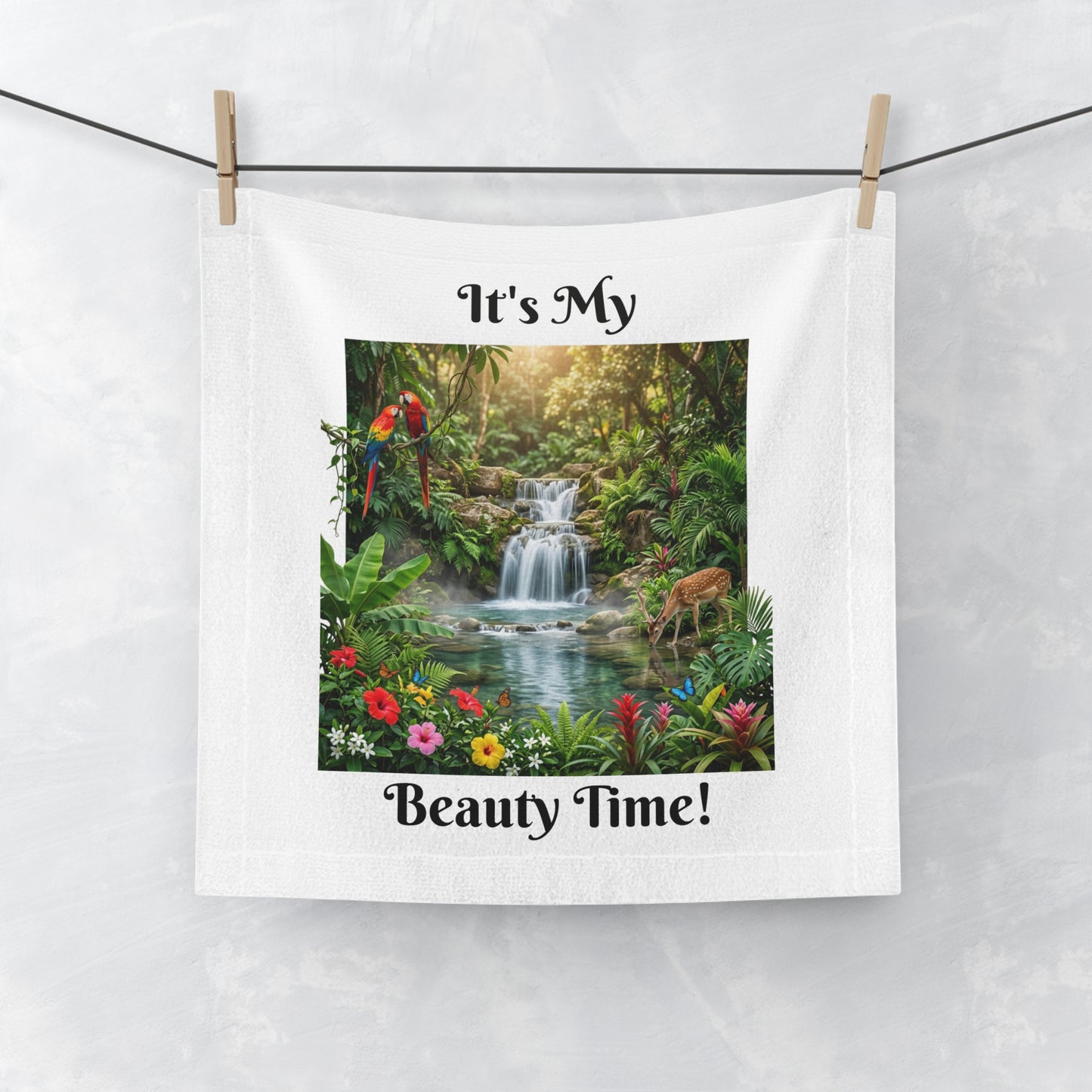 Face Towel — "It's My Beauty Time!" Tropical Waterfall Vanity Towel, Salon Spa Towel, Gift Towel