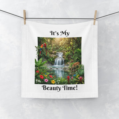 Face Towel — "It's My Beauty Time!" Tropical Waterfall Vanity Towel, Salon Spa Towel, Gift Towel