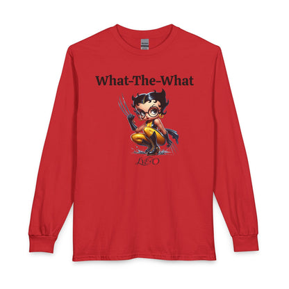 Long Sleeve T‑Shirt — “What-The-What” Cute Wolverine Cartoon Graphic, Funny Betty Boop Top, Unisex T-shirt