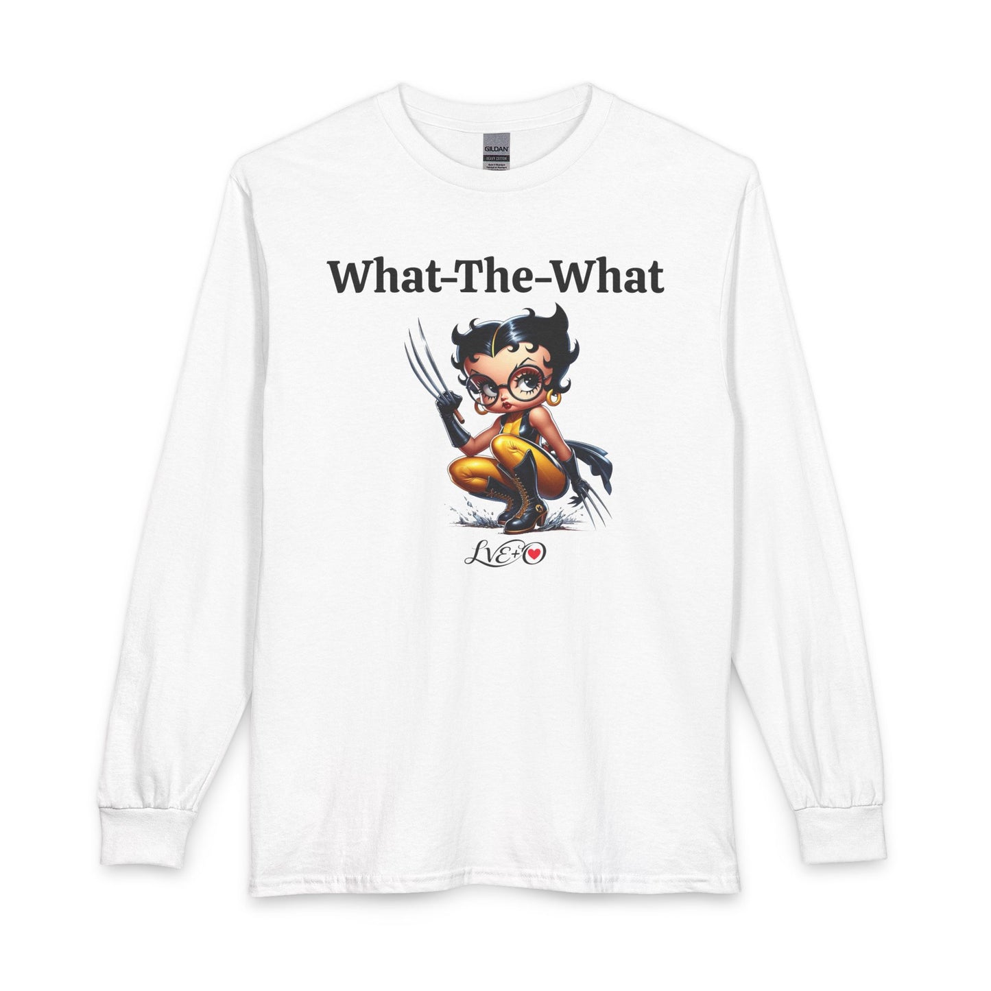 Long Sleeve T‑Shirt — “What-The-What” Cute Wolverine Cartoon Graphic, Funny Betty Boop Top, Unisex T-shirt