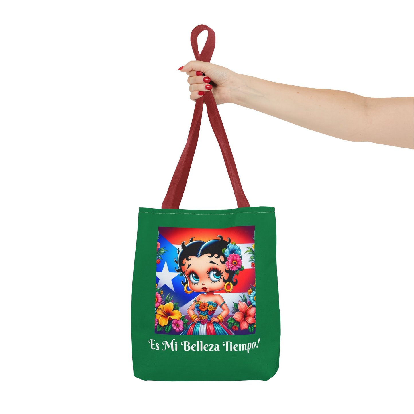 Betty Boop 'Es Mi Belleza Tiempo!' Green Tote Bag – Cute Puerto Rican Flag Floral Purse, Stylish Carryall, Chic Handbag