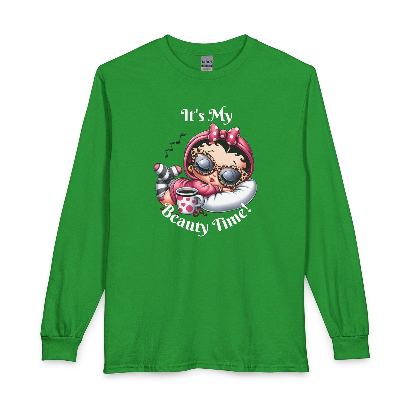 Long Sleeve Tee — “It’s My Beauty Time!” Relaxing Betty Boop Spa Graphic, Coffee Lover, Music Lover