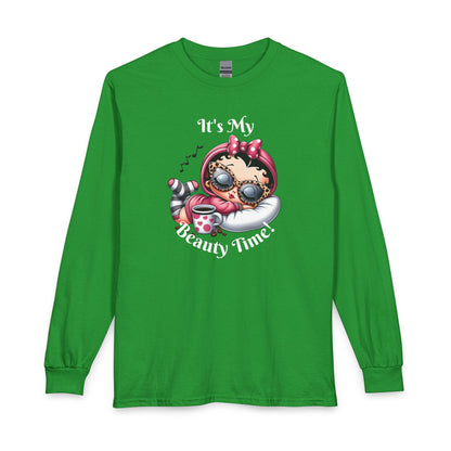 Long Sleeve Tee — “It’s My Beauty Time!” Relaxing Betty Boop Spa Graphic, Coffee Lover, Music Lover