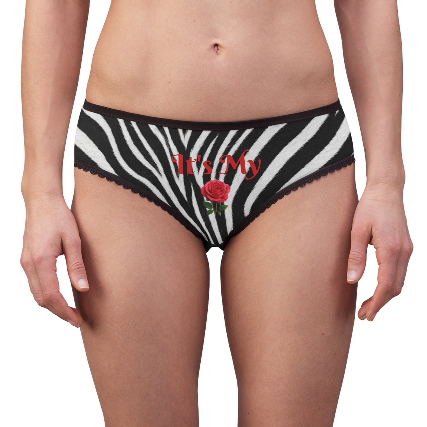 Women's Zebra Black Briefs — "It's My Beauty Time" Rose Print, Women's Underwear, Graphic Panties