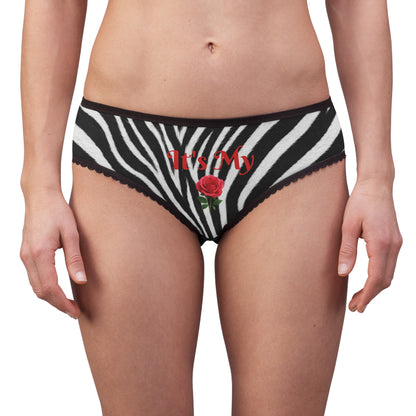 Women's Zebra Black Briefs — "It's My Beauty Time" Rose Print, Women's Underwear, Graphic Panties