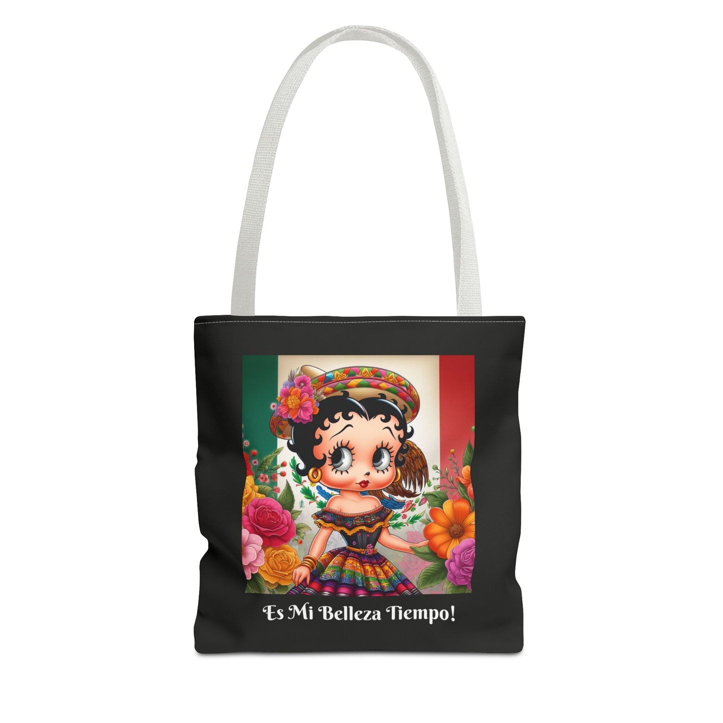 Fiesta Betty Boop Black Graphic Tote Bag - "Es Mi Belleza Tiempo" Chic Carryall, Shoulder Purse, Casual Tote Bag
