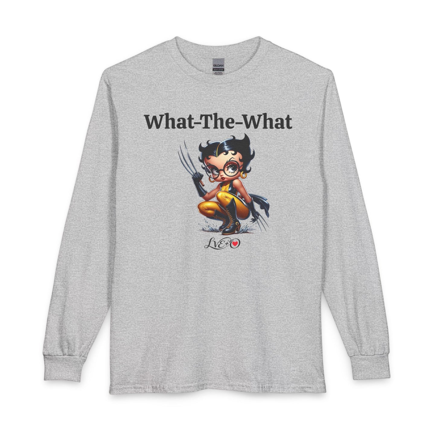 Long Sleeve T‑Shirt — “What-The-What” Cute Wolverine Cartoon Graphic, Funny Betty Boop Top, Unisex T-shirt