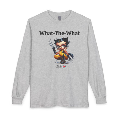 Long Sleeve T‑Shirt — “What-The-What” Cute Wolverine Cartoon Graphic, Funny Betty Boop Top, Unisex T-shirt