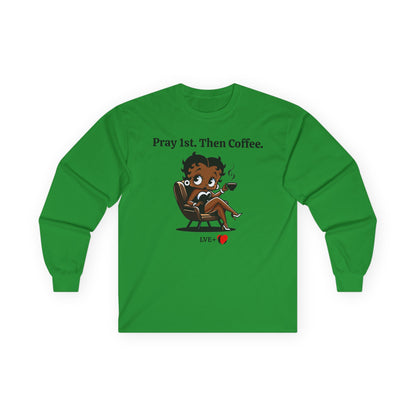 Betty Boop Pray Coffee T-Shirt -  Unisex Long Sleeve Top, Retro Cartoon Graphic Shirt, Religious Pray Shirt, Coffee Lover Top, Gift for Him, Gift for Her, Unisex Cotton Sweater, Pop