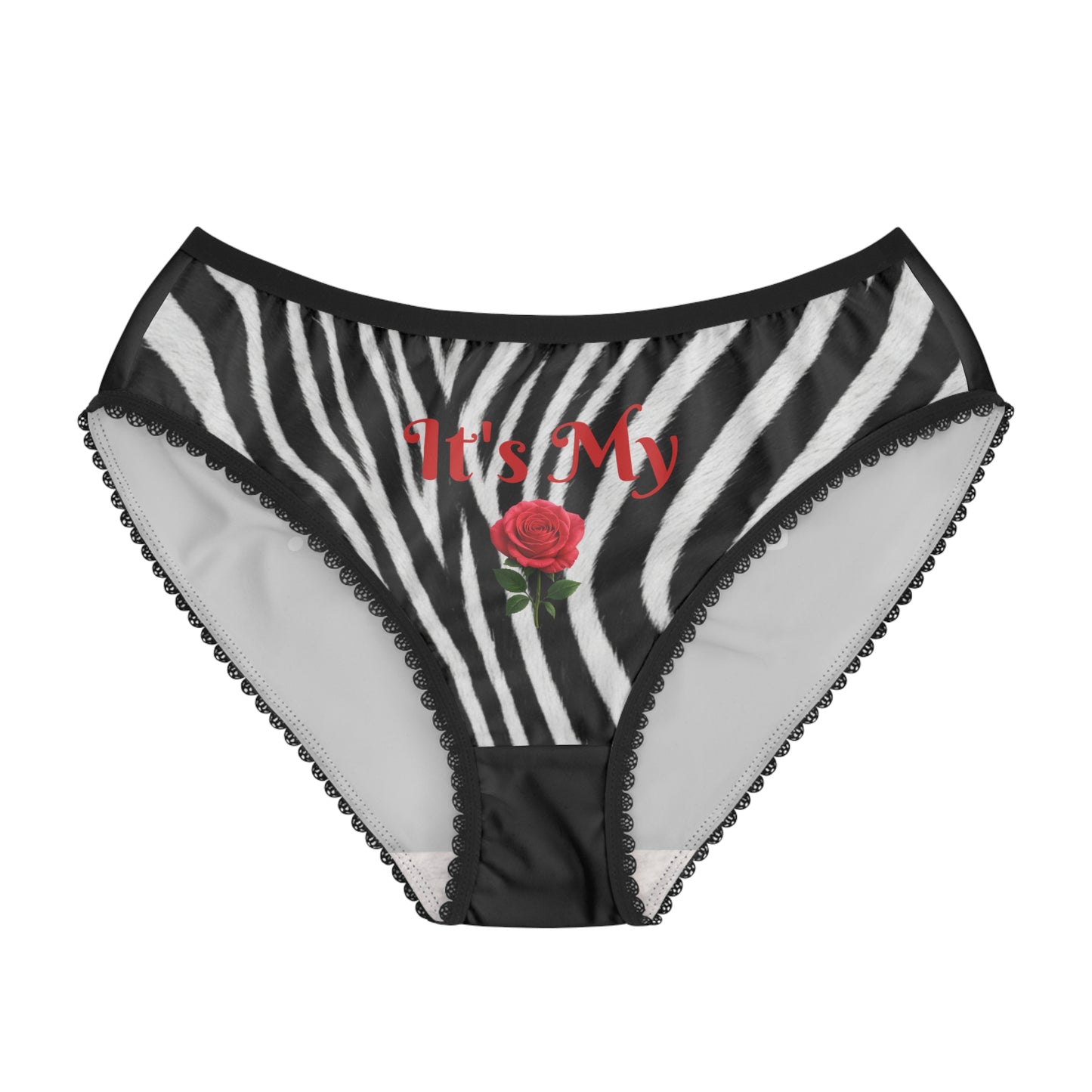 Women's Zebra Black Briefs — "It's My Beauty Time" Rose Print, Women's Underwear, Graphic Panties