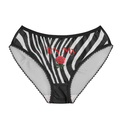 Women's Zebra Black Briefs — "It's My Beauty Time" Rose Print, Women's Underwear, Graphic Panties