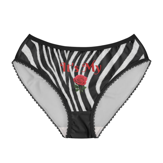 Women's Zebra Black Briefs — "It's My Beauty Time" Rose Print, Women's Underwear, Graphic Panties