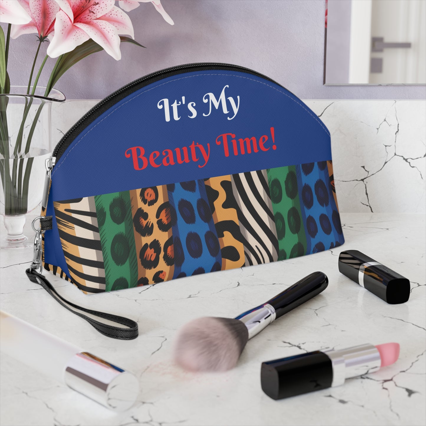 Exotic Colors Blue Makeup Bag - Small Cosmetics Bag, Cheetah Zebra Leopard Case, Safari Animal Lover Gift, Toiletry Bag,