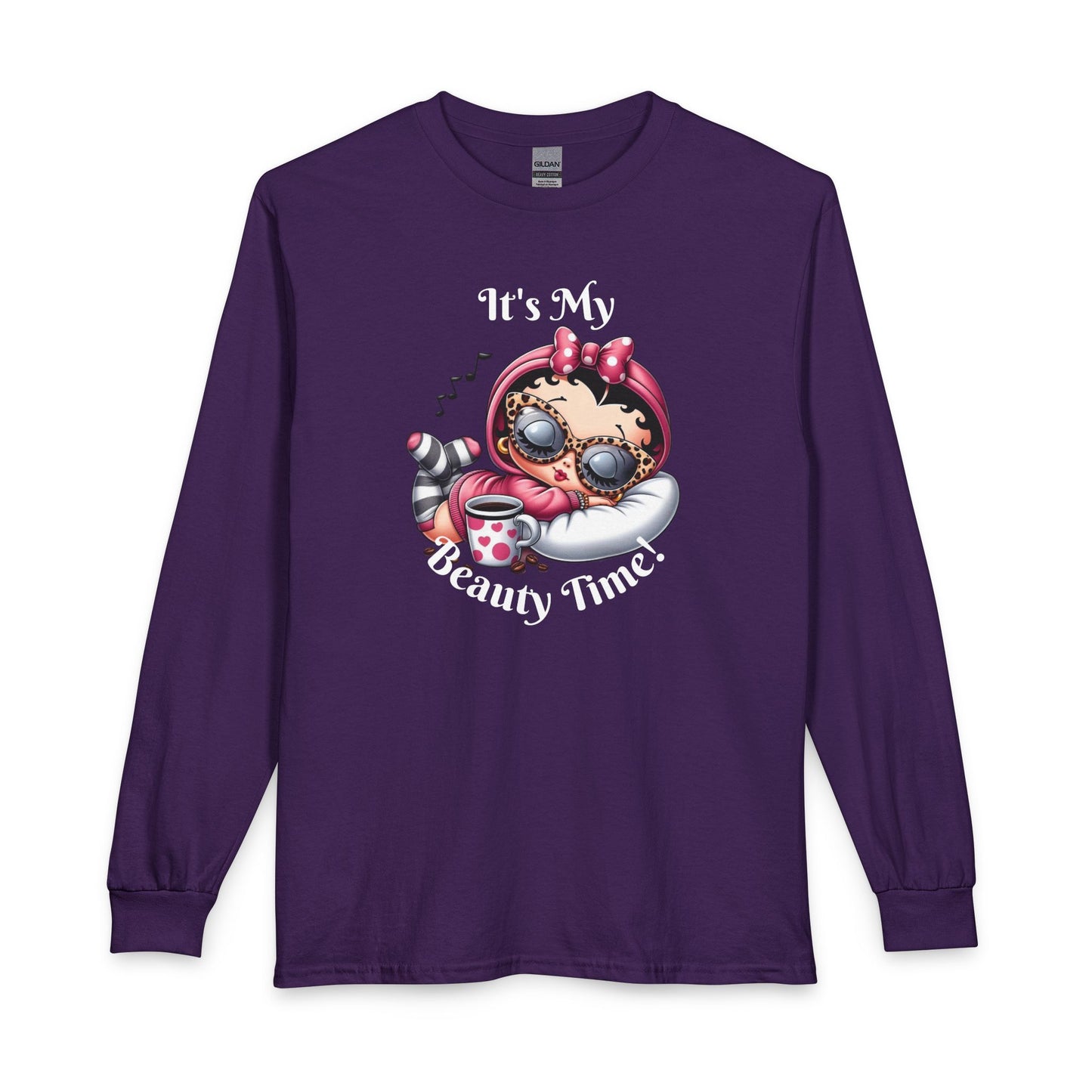 Long Sleeve Tee — “It’s My Beauty Time!” Relaxing Betty Boop Spa Graphic, Coffee Lover, Music Lover