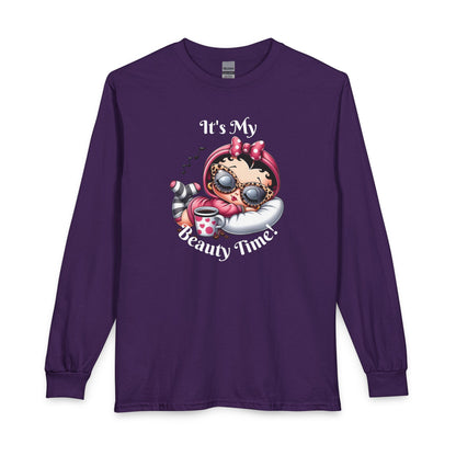 Long Sleeve Tee — “It’s My Beauty Time!” Relaxing Betty Boop Spa Graphic, Coffee Lover, Music Lover