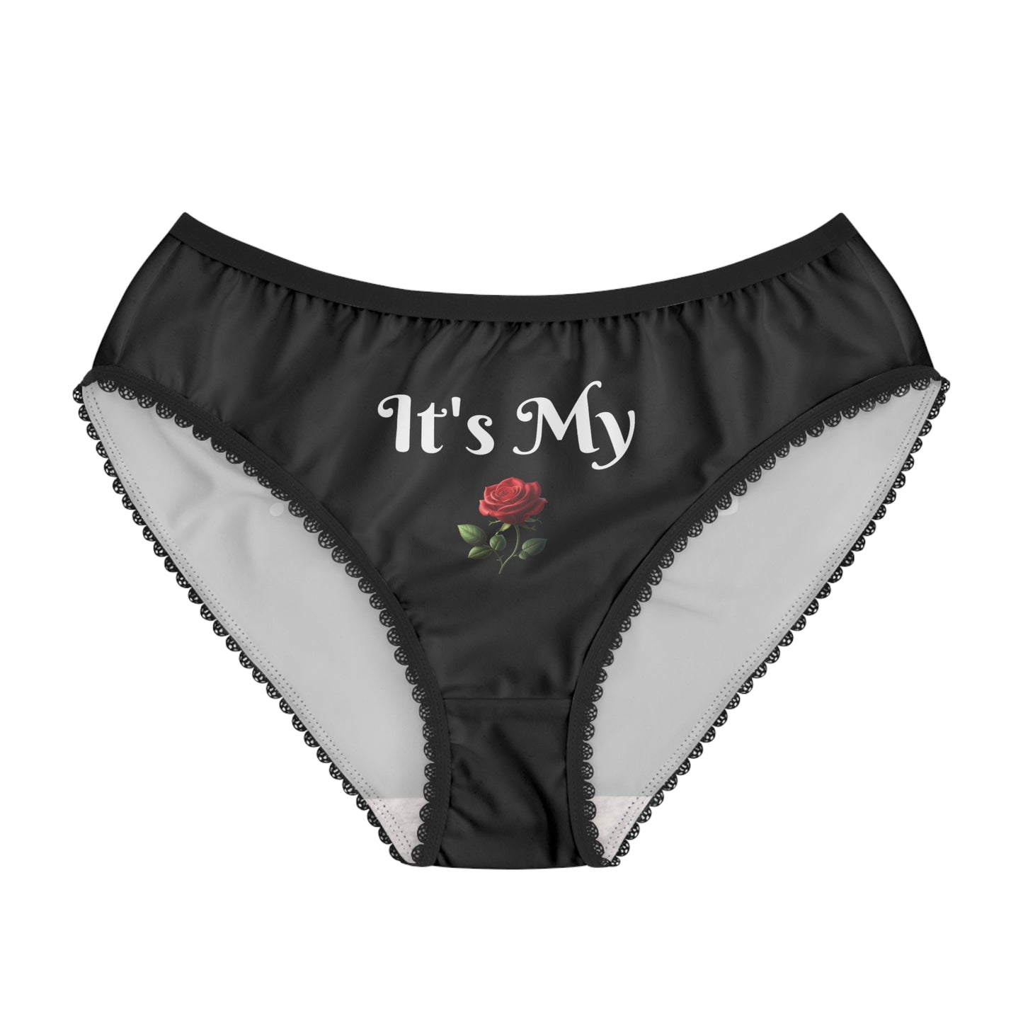 Women's Black Briefs — "It's My Beauty Time" Rose Print, Women's Underwear, Black Panties