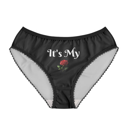 Women's Black Briefs — "It's My Beauty Time" Rose Print, Women's Underwear, Black Panties