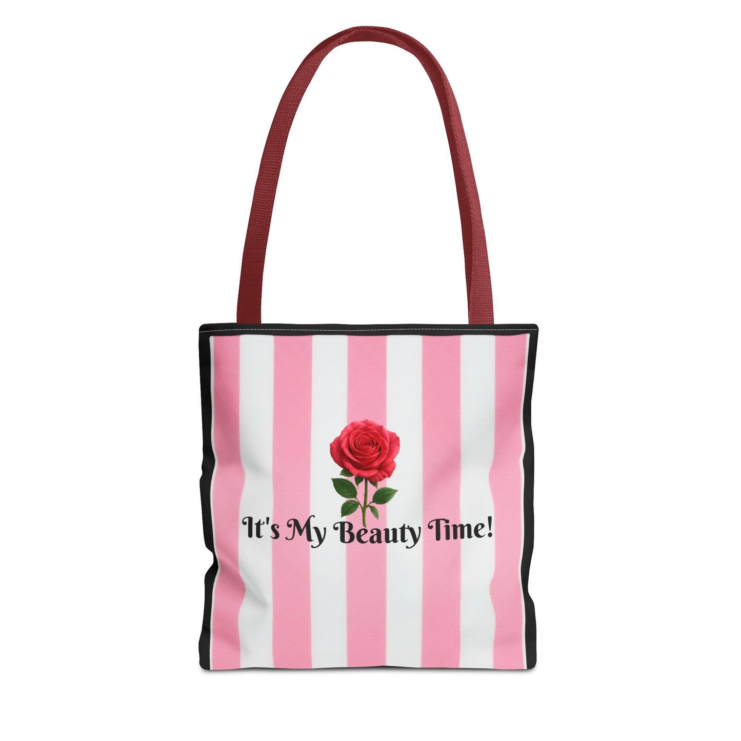 Tote Bag — "It's My Beauty Time!" Pink Striped Red Rose Carryall, Chic Shoulder Purse, Fun Vibrant Handbag