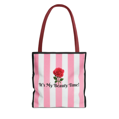 Tote Bag — "It's My Beauty Time!" Pink Striped Red Rose Carryall, Chic Shoulder Purse, Fun Vibrant Handbag