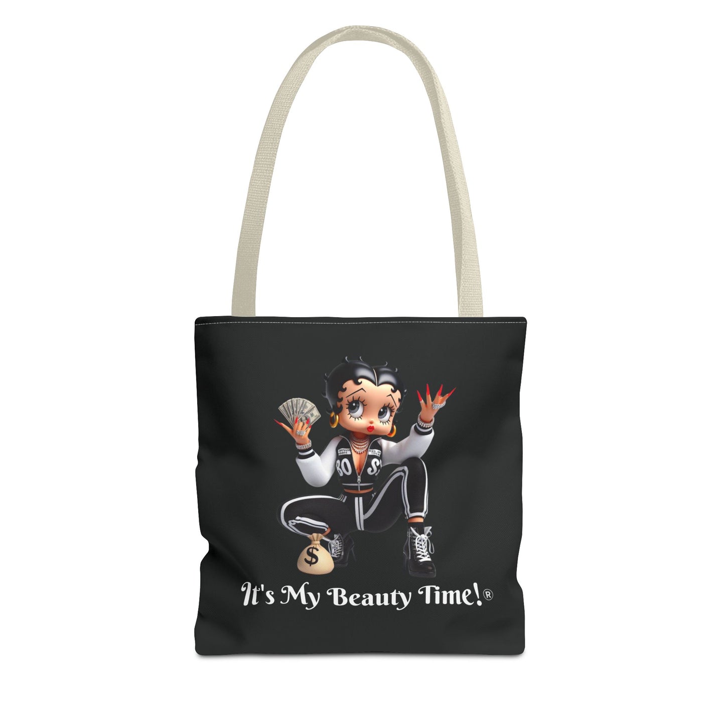 Money Babe Black Tote Bag — Cute Betty Boop Style Character Holding Cash & Money Bag, Everyday Shoulder Purse, Chic Carryall