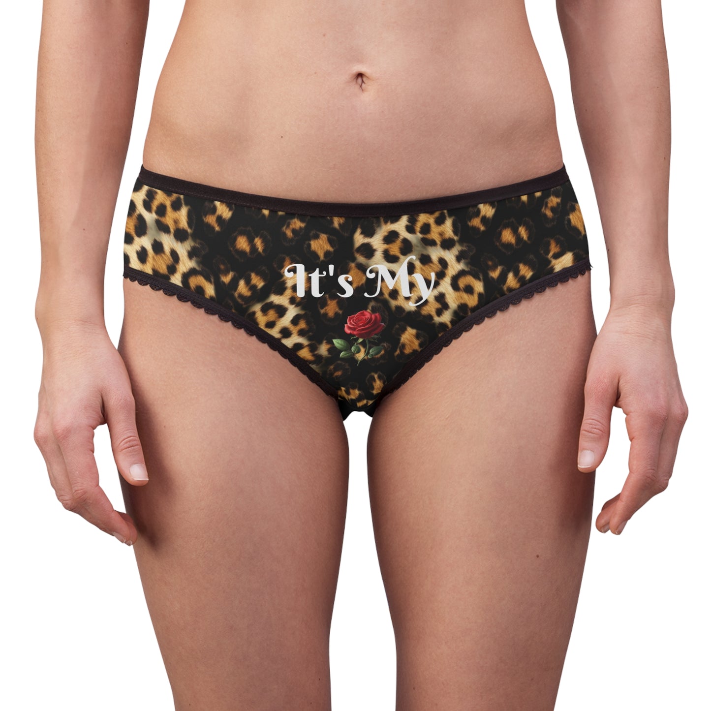 Women's Leopard Black Briefs — "It's My Beauty Time" Rose Print, Women's Underwear, Gift for Her, Pretty Panties