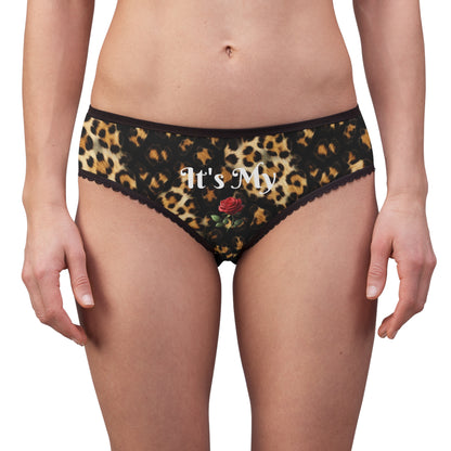 Women's Leopard Black Briefs — "It's My Beauty Time" Rose Print, Women's Underwear, Gift for Her, Pretty Panties