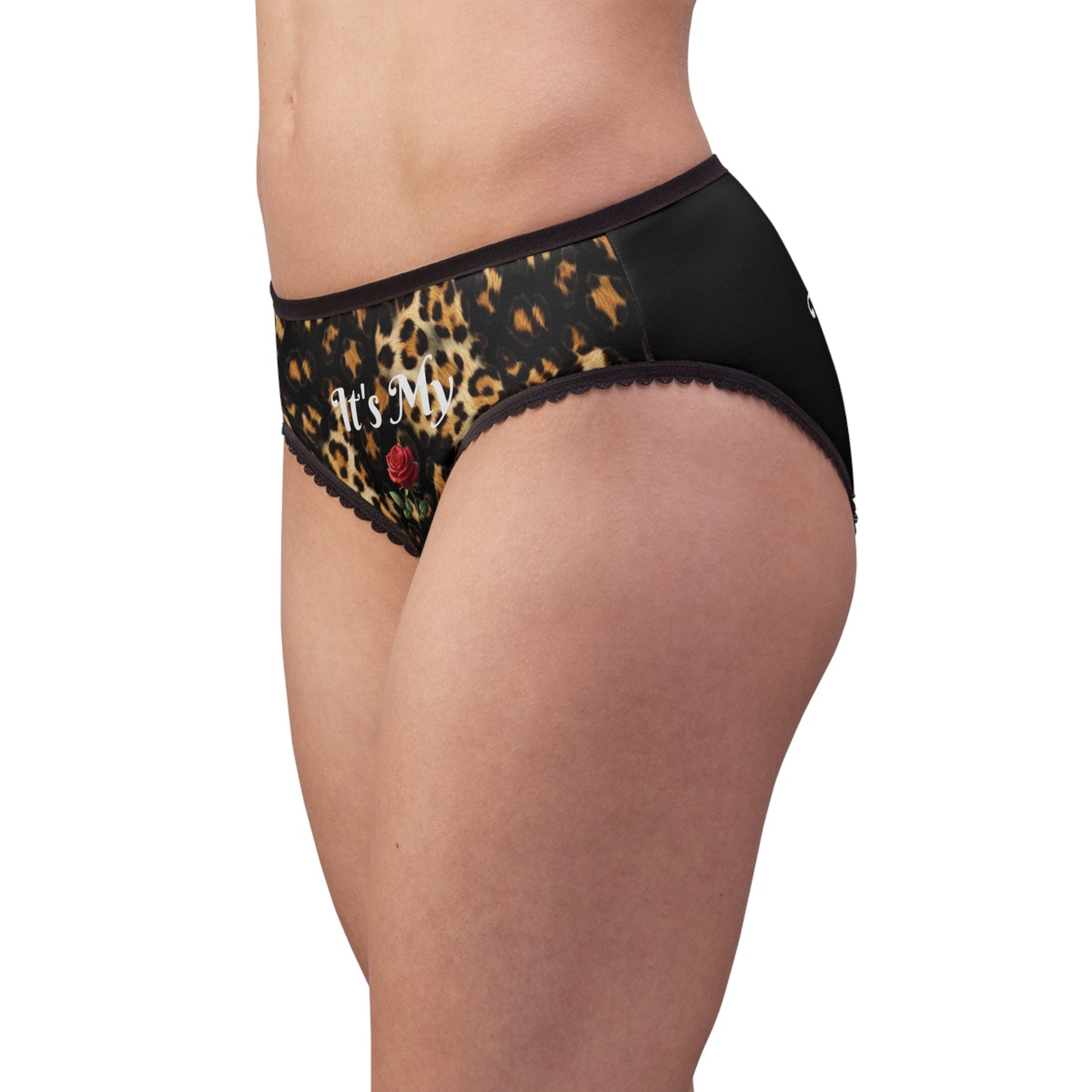 Women's Leopard Black Briefs — "It's My Beauty Time" Rose Print, Women's Underwear, Gift for Her, Pretty Panties