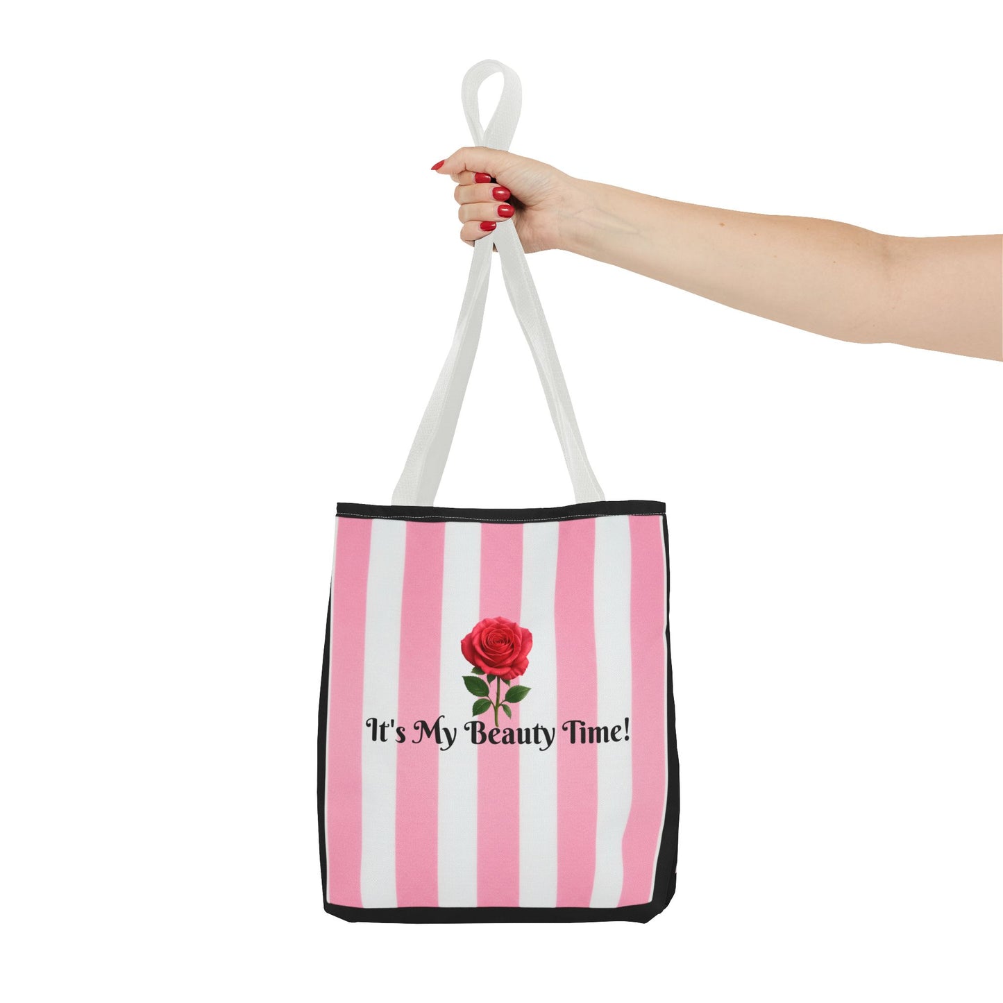 Tote Bag — "It's My Beauty Time!" Pink Striped Red Rose Carryall, Chic Shoulder Purse, Fun Vibrant Handbag