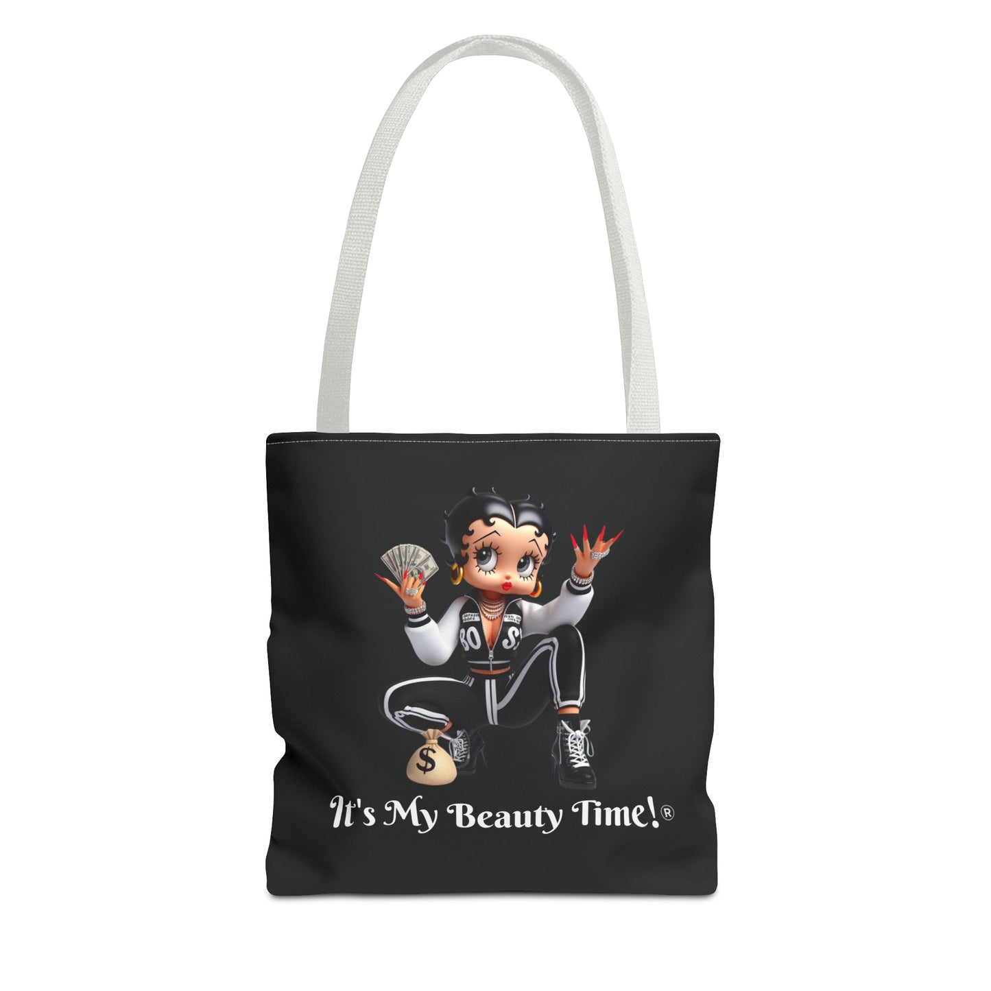 Money Babe Black Tote Bag — Cute Betty Boop Style Character Holding Cash & Money Bag, Everyday Shoulder Purse, Chic Carryall