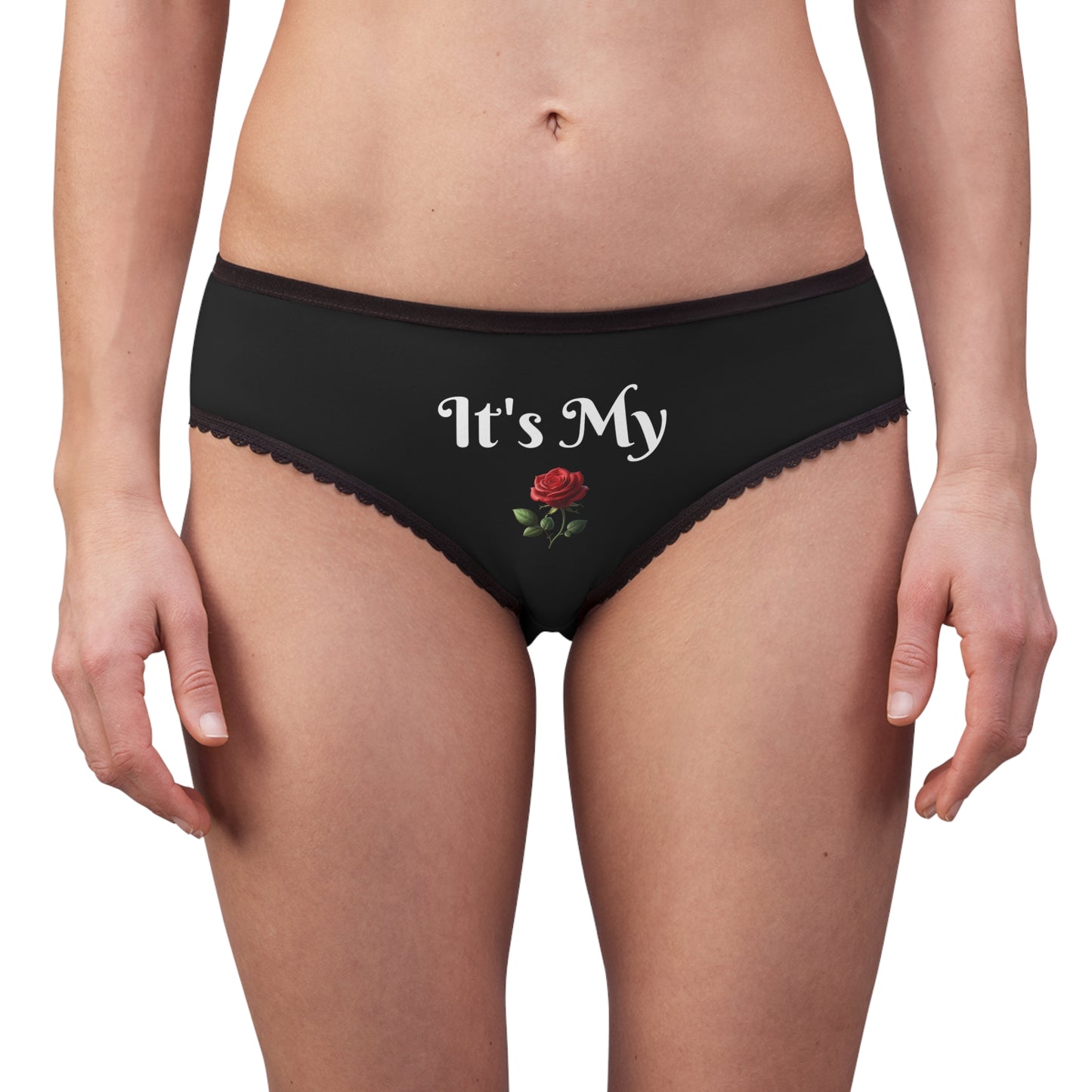 Women's Black Briefs — "It's My Beauty Time" Rose Print, Women's Underwear, Black Panties