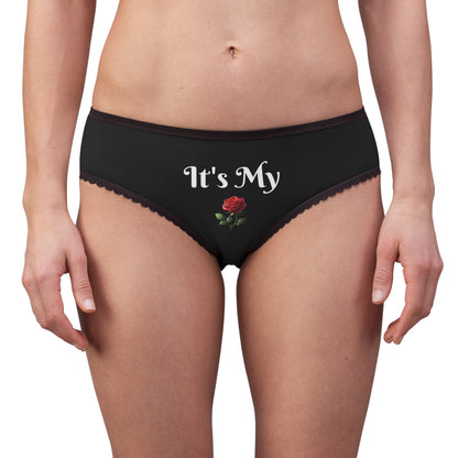 Women's Black Briefs — "It's My Beauty Time" Rose Print, Women's Underwear, Black Panties