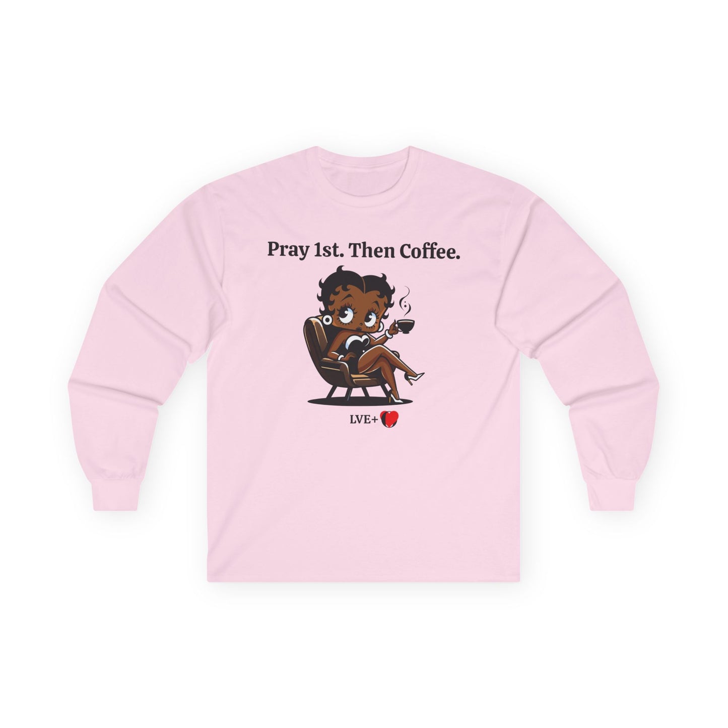 Betty Boop Pray Coffee T-Shirt -  Unisex Long Sleeve Top, Retro Cartoon Graphic Shirt, Religious Pray Shirt, Coffee Lover Top, Gift for Him, Gift for Her, Unisex Cotton Sweater, Pop