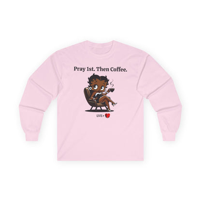 Betty Boop Pray Coffee T-Shirt -  Unisex Long Sleeve Top, Retro Cartoon Graphic Shirt, Religious Pray Shirt, Coffee Lover Top, Gift for Him, Gift for Her, Unisex Cotton Sweater, Pop
